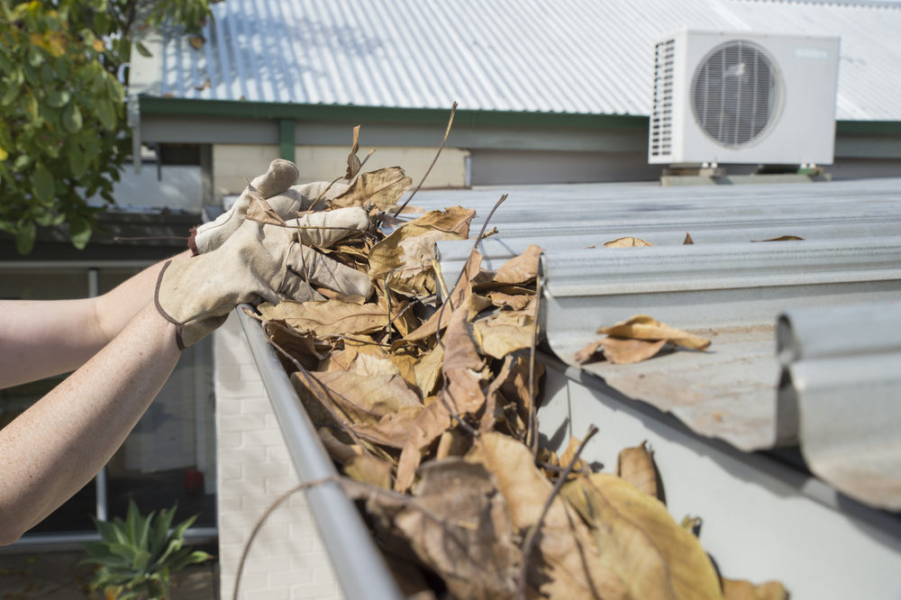 Hands with gloves taking leaves out of gutter of home on roof